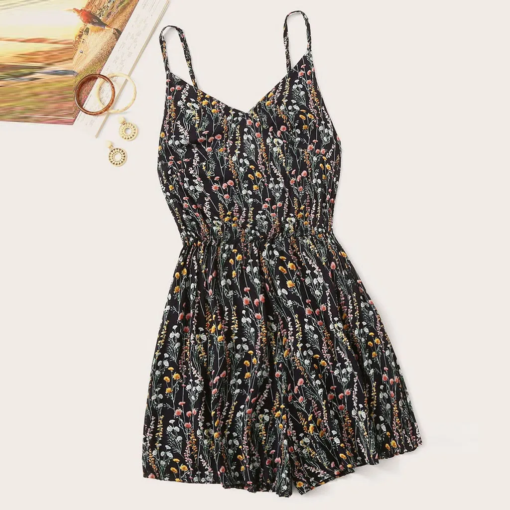 Женский цветочный комбинезон с поясом и V образным вырезом|Комбинезоны c шортами|