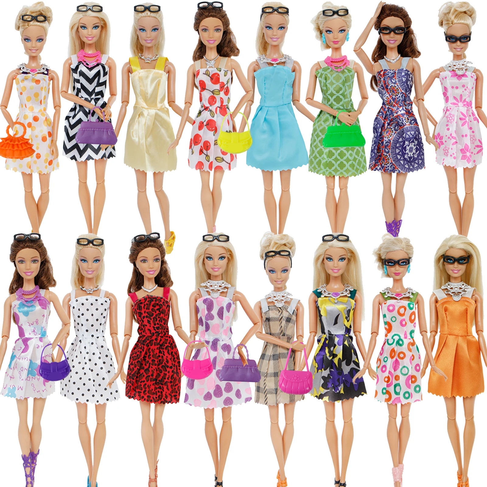 Аксессуары для кукол Barbie = 10 шт. платье + 4 очки 6 пластиковых ожерелий 2 сумки пар