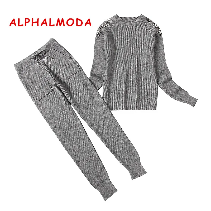 ALPHALMODA зимний женский свитер с открытыми плечами и бисером, комплект из 2 предметов, однотонный Свободный Повседневный джемпер, топ и брюки, женский костюм