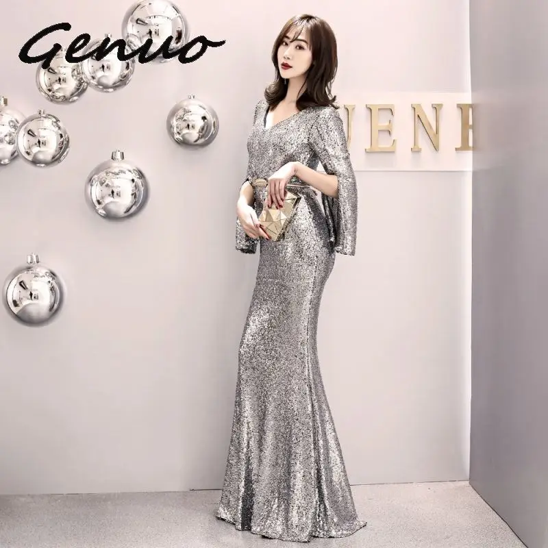 Genuo Elegant Party Dress Women Gold Silver Sequin Evening Party Gown Cloak Sleeves V Neck Belt Sexy Wedding Vestido de fiesta