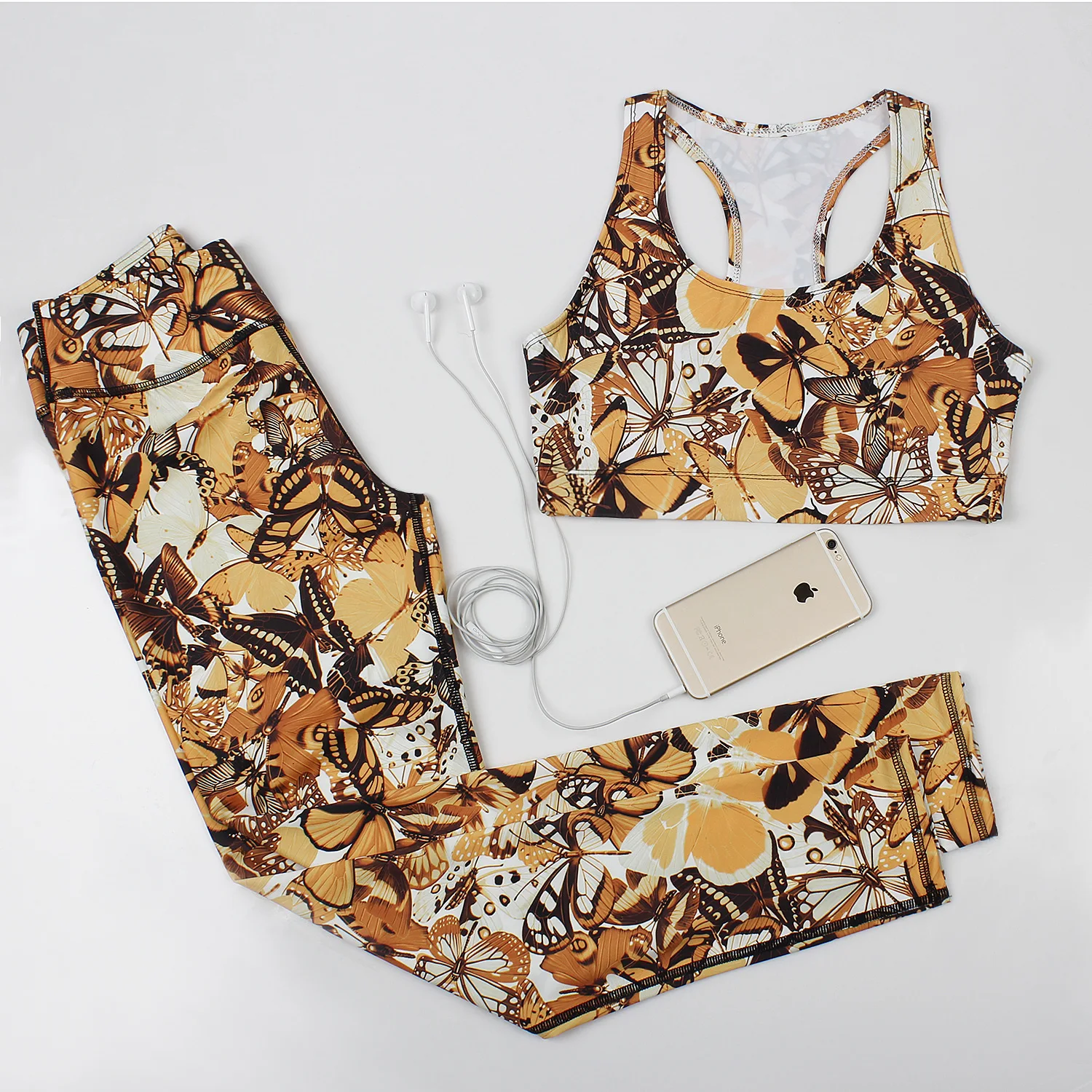 Женский спортивный костюм для йоги Желтый с бабочками высокой посадкой леггинсы