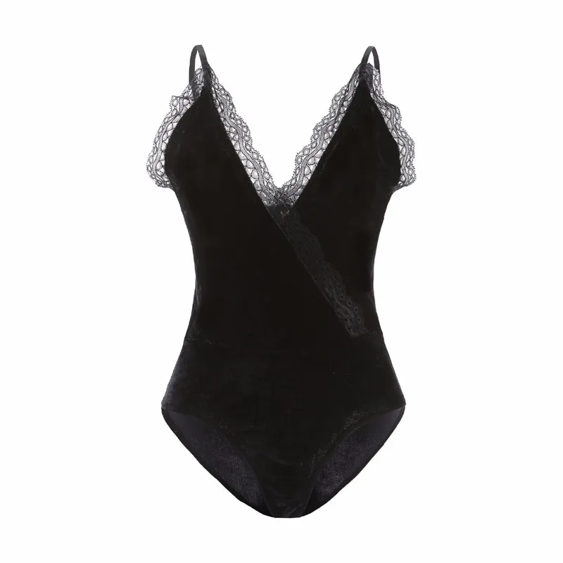 

2018 New summer Women Sleeveless slim Bodysuit deep v-neck lace patchwork backless skinny underwear clubwear Stretch Bodysuits