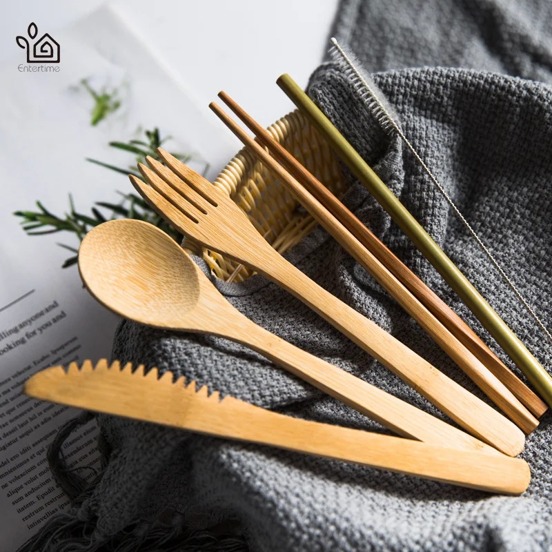 Entertime Экологичные 7 частей набор столовых приборов Bamboo дорожные столовые приборы