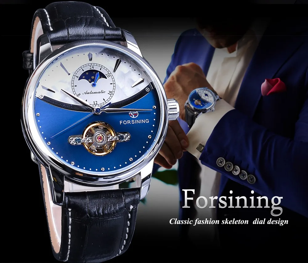 Классические Механические часы Forsining Blue Moon Phase, автоматические турбийон, мужские часы из натуральной кожи, мужские часы, Прямая поставка