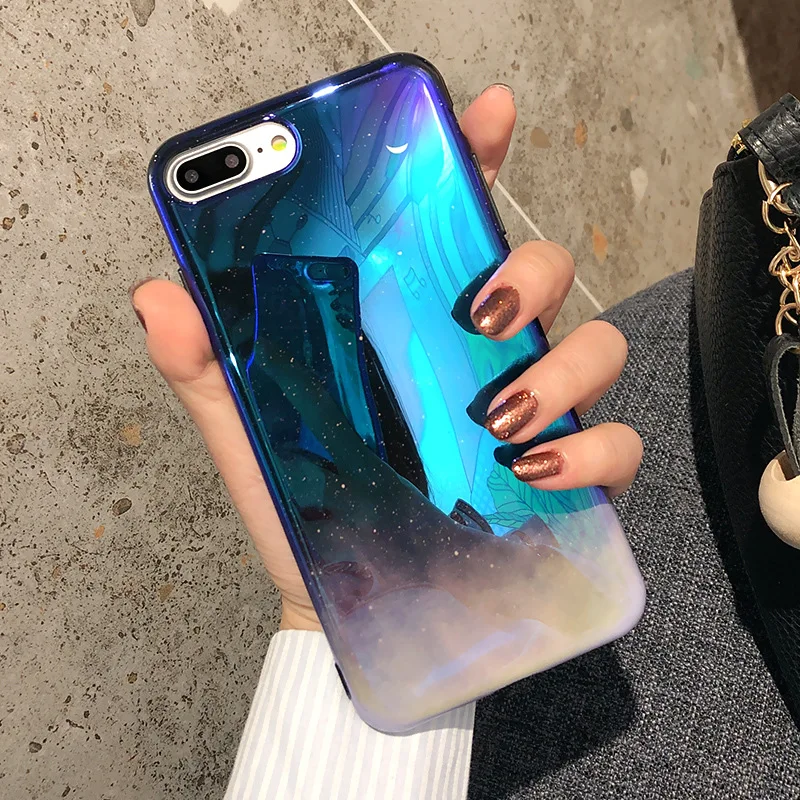 Айфон 8 Плюс Голубой Градиент Звёздное Небо Маленькая Луна Чехол для Мобильного Телефона Apple XS Max/7 Космическое Зеркало Личность Женская.