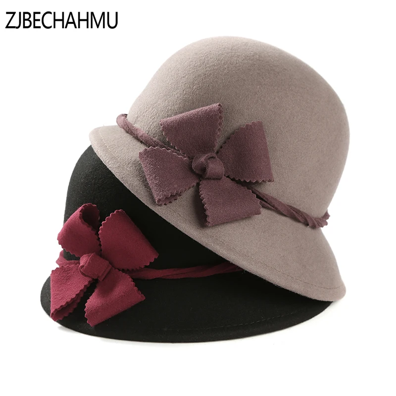 Модные Винтаж элегантная однотонная шерсть Цветочный Fedoras Шляпы для женщин