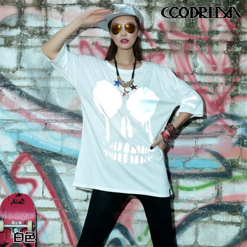 Women T-Shirt Summer Half sleeve Skull Print Cotton Female Hip-hop Loose New Fashion Casual Rock Punk style Tops Tees | Женская одежда
