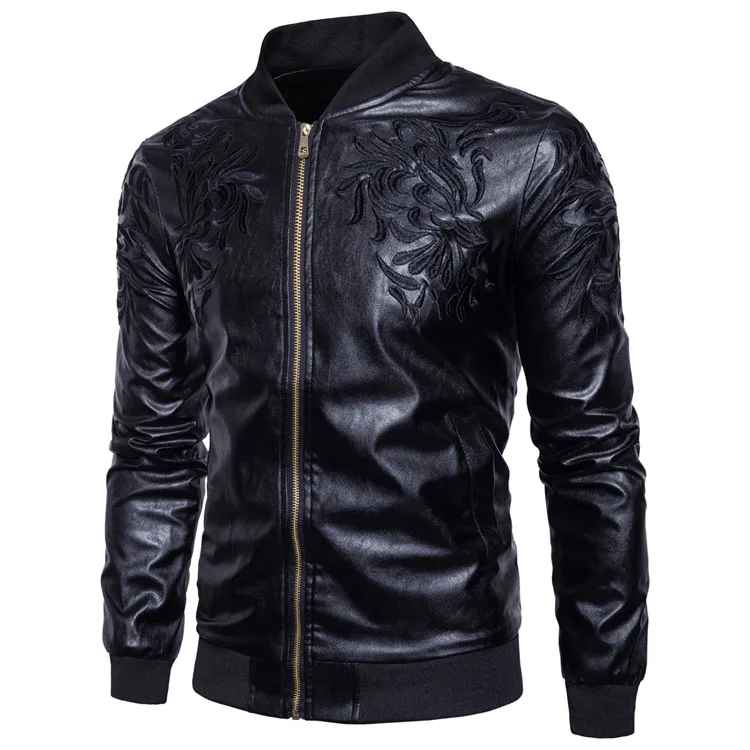 Мужская кожаная куртка на молнии черная мотоциклетная из искусственной кожи с