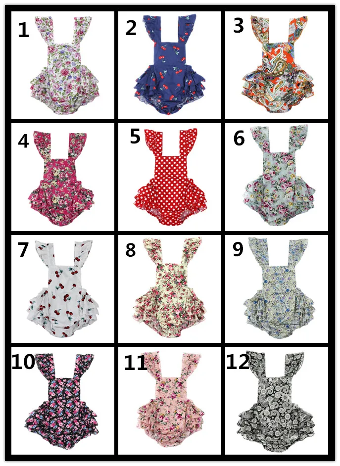 

Cute Baby Flower Print Ruffles Rompers Infant Cotton Straps Jumpsuit with Swing Shoulder Girls Backless Overalls One-piece 12pcs