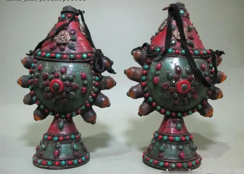 Тибет Народная Медь бирюзовый рубин берилл Две бутылки Snuff Ваза пара|vases