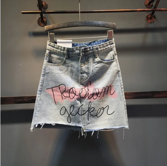 

2019 Spring Summer Denim Skirts Women's High Waist Graffiti Letters Cowboy Short Skirt Girls Students Pockets Slim Jeans Skirts