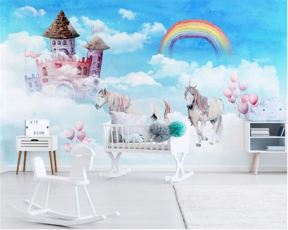 Papel tapiz 3d personalizado, pintado a mano moderno, cielo, Arco Iris, castillo, unicornio, habitación de niños, Fondo de pared, papel tapiz 3d