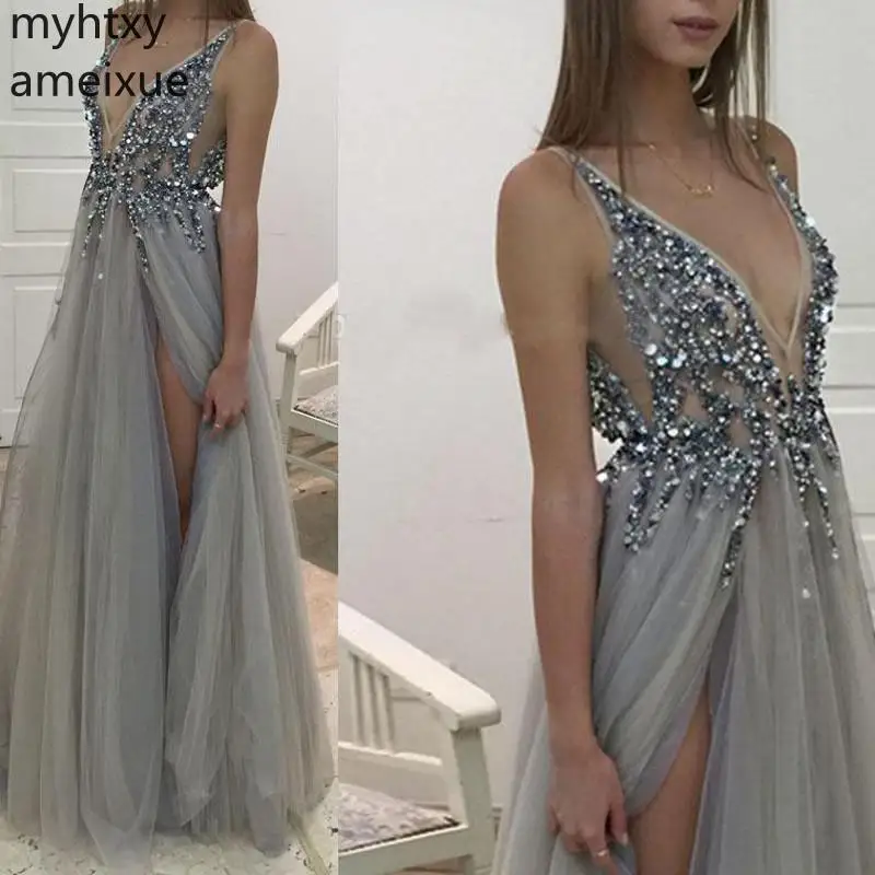 Женское вечернее платье с V-образным вырезом длинное фатиновое разрезом для