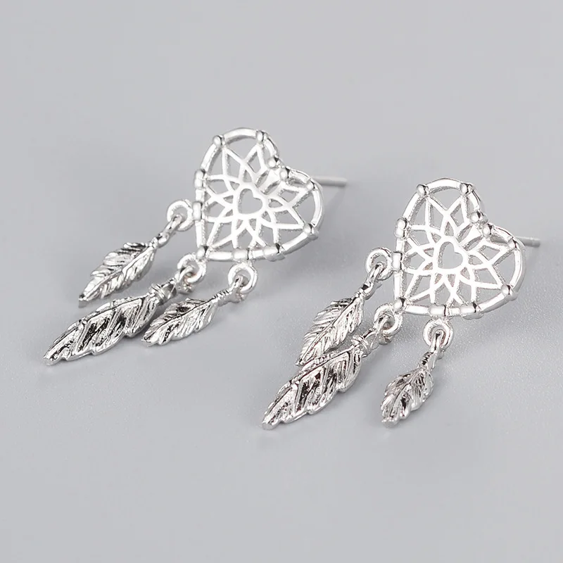 

Daisies 925 Sterling Silver Heart Shape Feather Dream Catcher Drop Earrings For Women Hypoallergenic Sterling-silver-jewelry