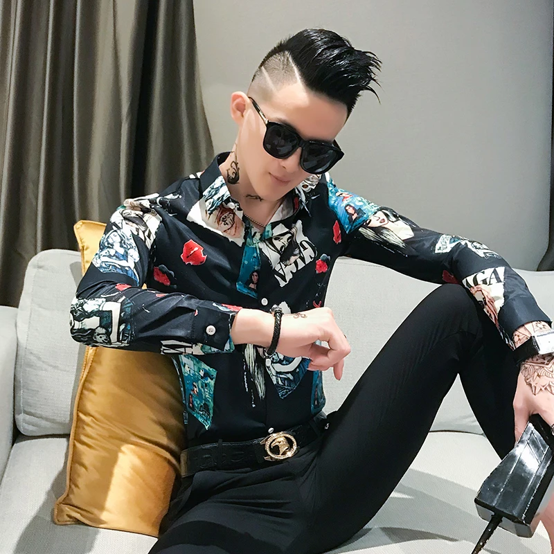 Men Shirt High Quality Brand 2019 Long Sleeve Streetwear Casual Slim Fit Pretty Girl Print Mens Shirts Party Tuxedo | Мужская одежда