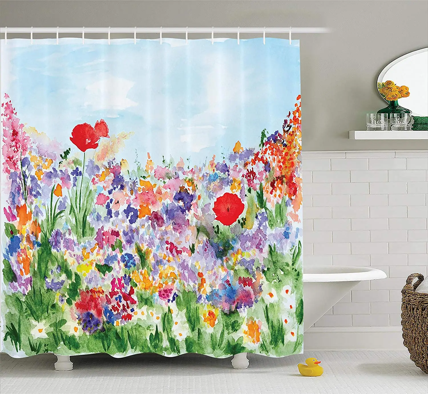 Watercolor Flower Decor Shower Curtain Floral Summertime Garden with Grass and Blooms Love Illustration Print Fabric Bathroom | Дом и сад