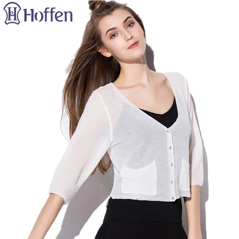 Hoffen Hot Sale Womens Summer Knitted Cardigan Sun Protection Clothing Air Conditioning Knit Solid Loose Casual Outwear |