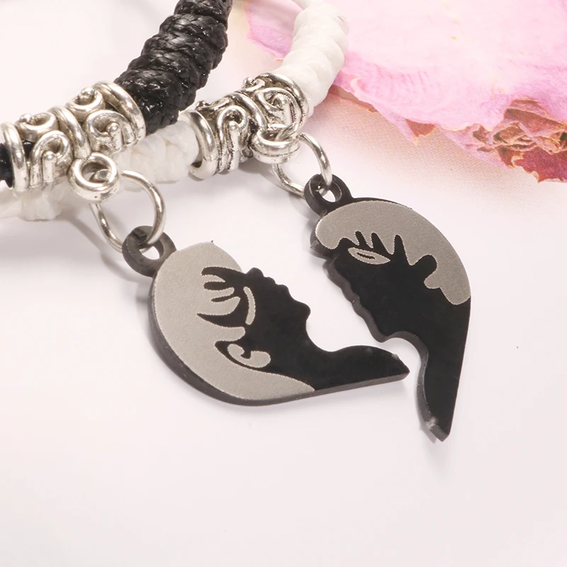 Boy Girl Couple Charms Pendant Bracelet Adjustable Hearts Black White Handmade Stainless Steel for Women Jewelry Gift | Украшения и