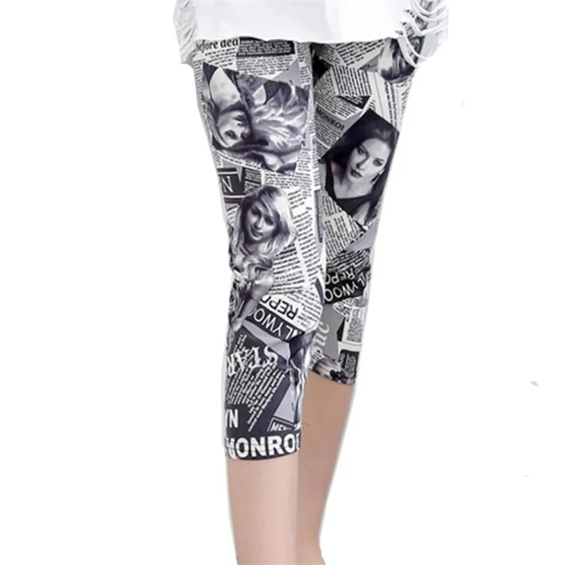 Nvewspaper 7pants VISNXGI, Капри с цветочным принтом, леггинсы, женские, повседневные, растягивающиеся, граффити, галстук, окрашенные, эластичные, укороченные брюки, летние, женские леггинсы - Цвет: Nvewspaper 7pants