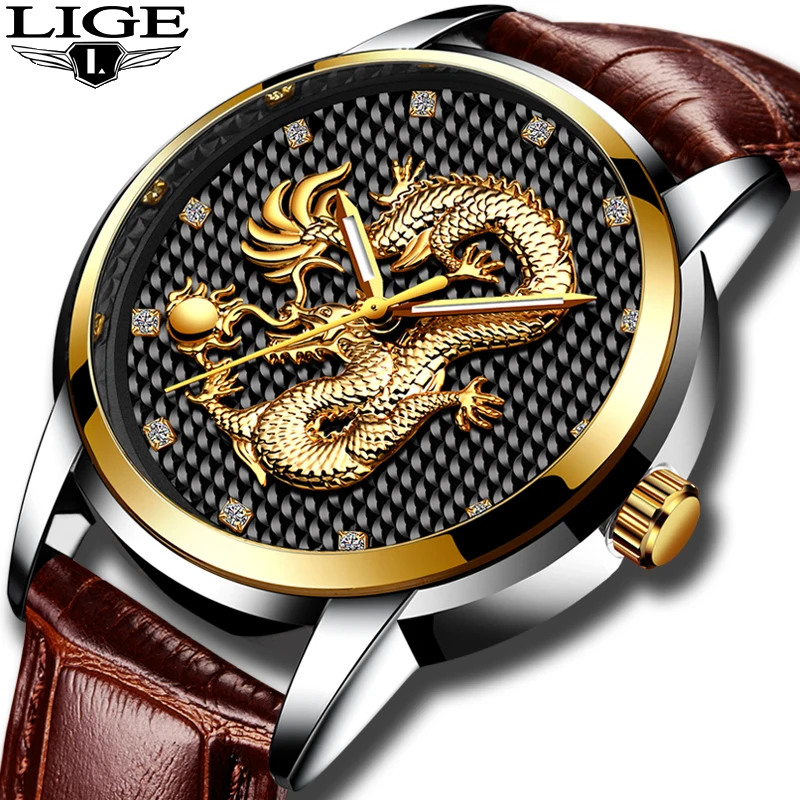 Часы наручные LIGE Мужские кварцевые брендовые Роскошные водонепроницаемые с