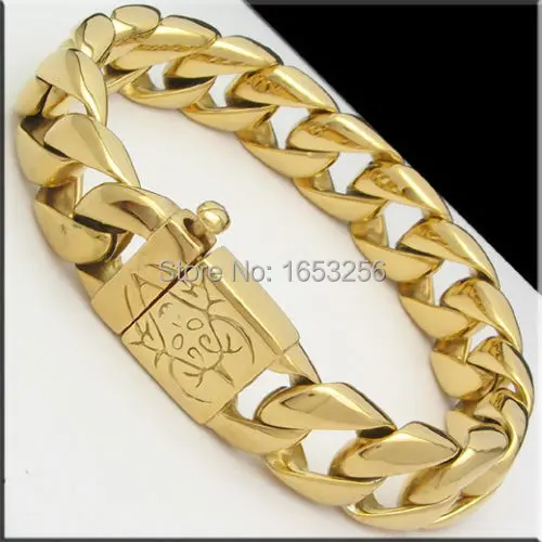 

2016 Best Selling Jewelry Men's Gold Cuban Curb Chain 316L Stainless Steel bracelet 15mm x 8.66''