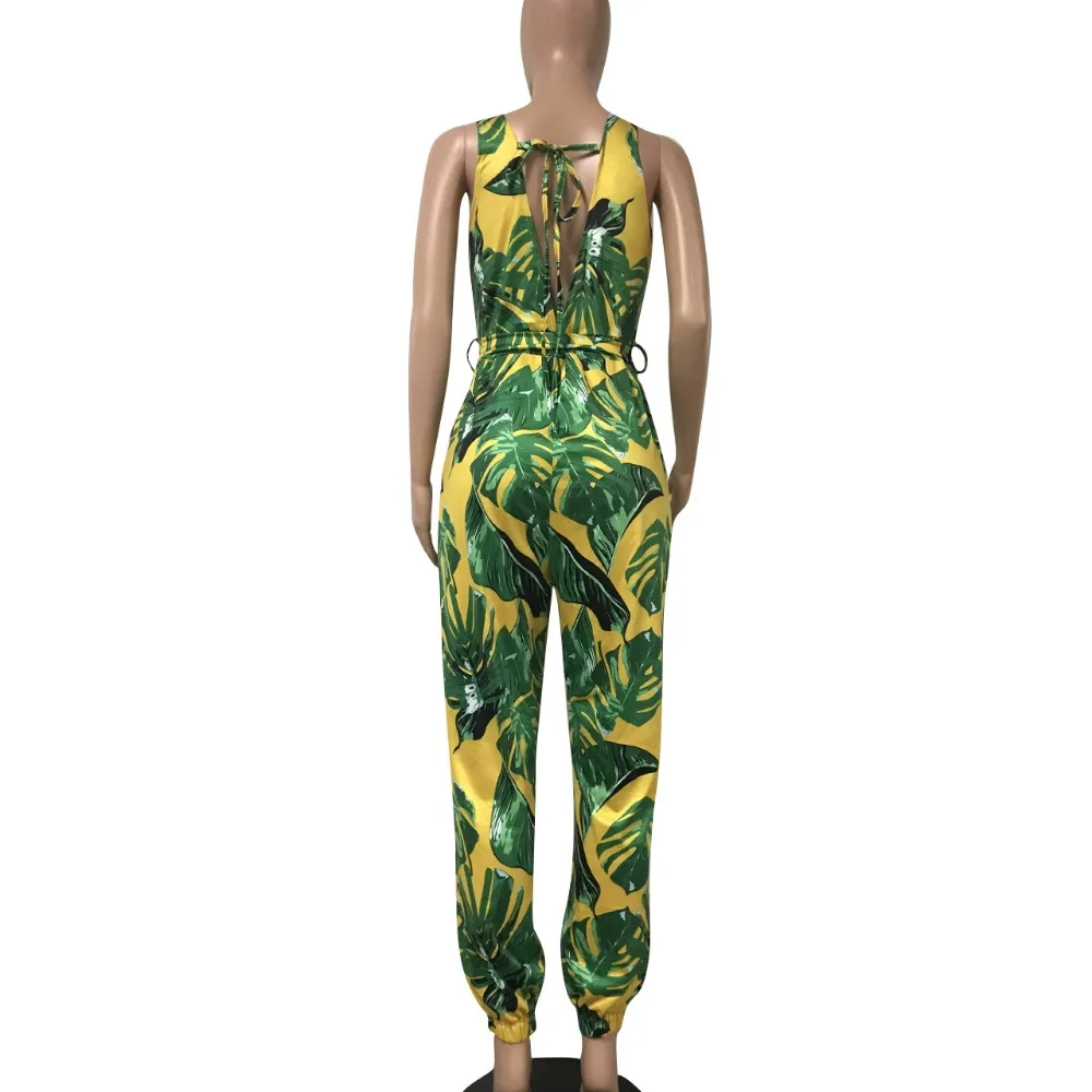 

Leaf Digital Print Sleeveless Women Jumpsuits Summer Women Beach Bodysuits