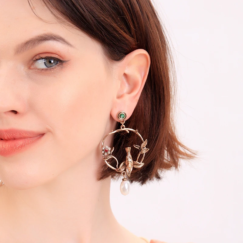 2017 Модные Винтажные Ювелирные изделия сплав листья птицы подвеска петли серьги