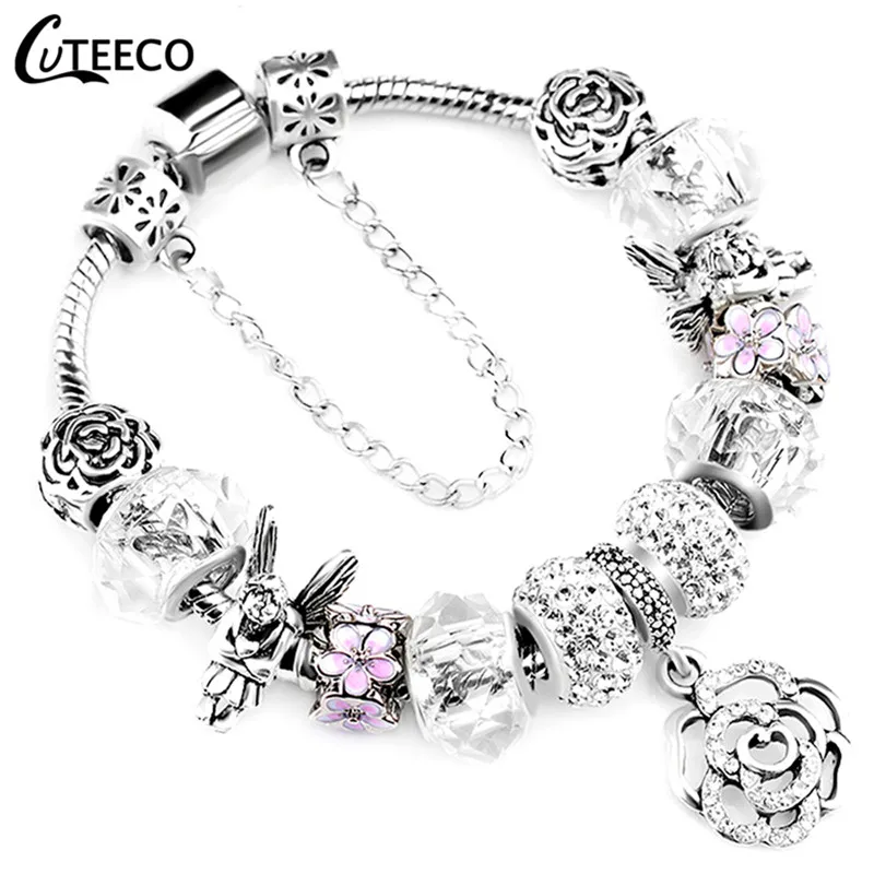 CUTEECO 925, модный серебряный браслет с шармами, браслет для женщин, Хрустальный цветок, сказочный шарик, подходит для брендовых браслетов, ювелирные изделия, браслеты - Окраска металла: AA0105