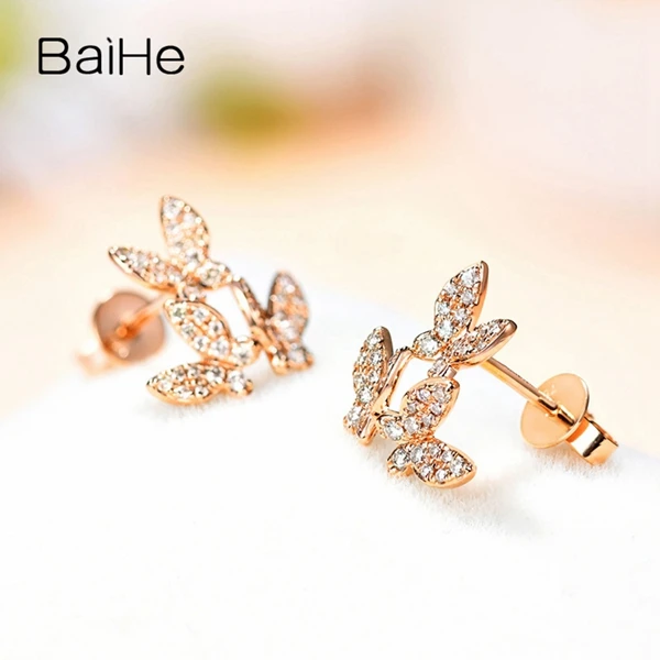 BAIHE Solid 14 K розовое золото H/SI 0.28ct круглые натуральные Алмазы обручальные модные ювелирные изделия элегантные серьги-гвоздики