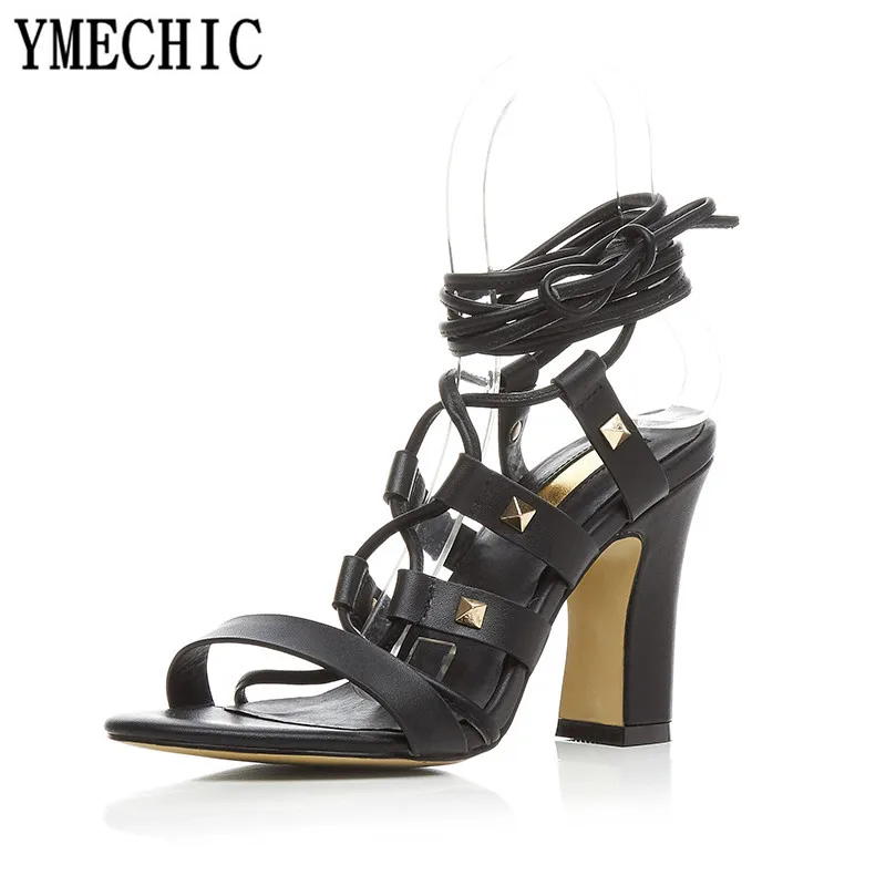 Женские босоножки гладиаторы YMECHIC коричневые черные из натуральной кожи с