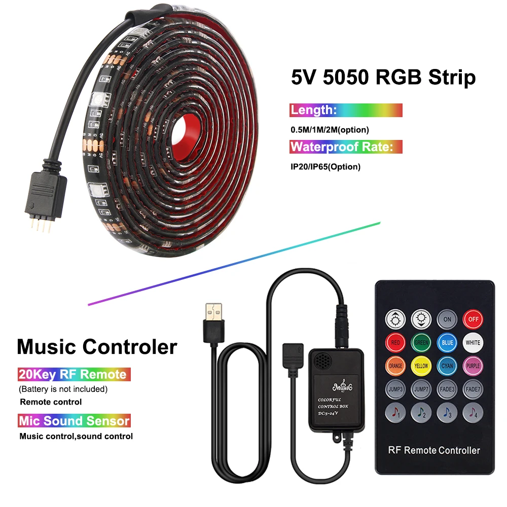 Светодиодная лента USB RGB для музыкального контроллера 0 5 м 1 2 светильник ТВ с