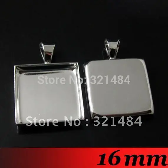 Free ship! 100piece 16mm Platinum Dull Silver Plated Metal Square Pendant blanks and base trays bezel cameo cabochon setting