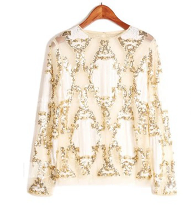 Blouse and vest Женская Золотая блузка, сетчатый Блестящий пуловер с прозрачными бусинами, рубашка, топы с блестками+ жилет, приталенный, новинка, 2 цвета, A923 - Цвет: Blouse and vest
