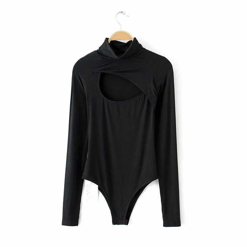 Front Hollow Out Women Long Sleeve Skinny Solid Bodysuits Women American Street Wear Solid Long Sleeve Solid Bodysuits