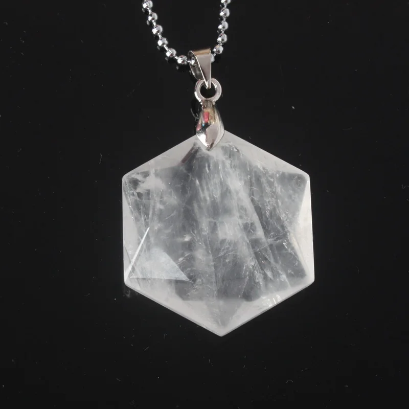 Clear Crystal 25x25 мм розовый кварцевый кристалл аметисты опал лазурит прозрачный кристалл оникс шестигранный двухсторонний граненый бисер кулон 1 шт.(без цепи - Окраска металла: Clear Crystal