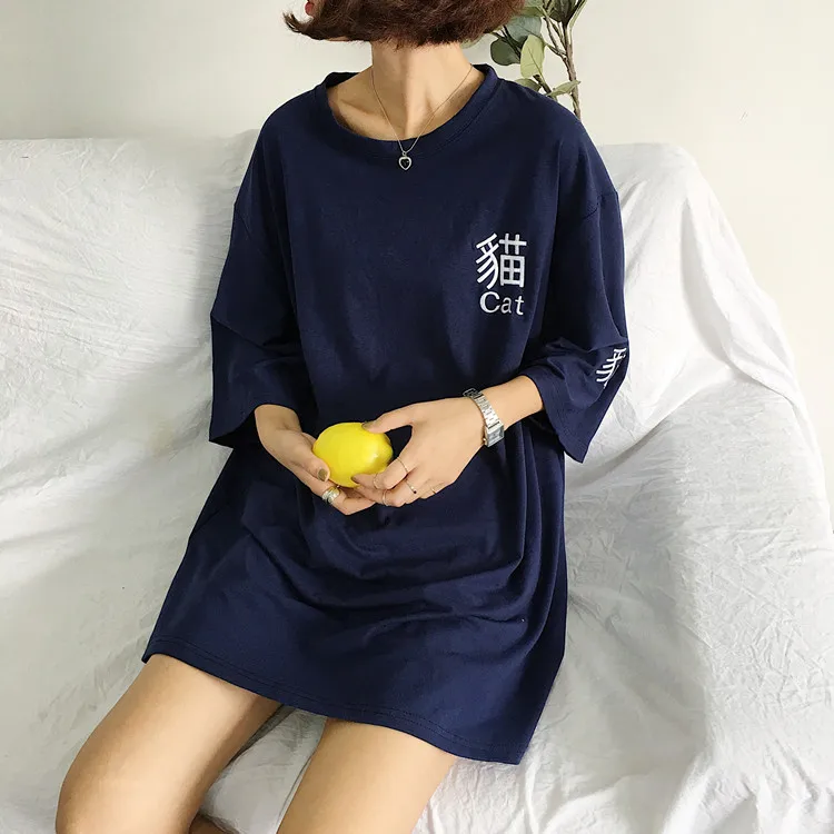 Summer Korean Ulzzang Female Kawaii Long T-shirt Japanese Harajuku Fashion Casual Cat Tees Tops Women Chic Vintage Red T Shirts | Женская
