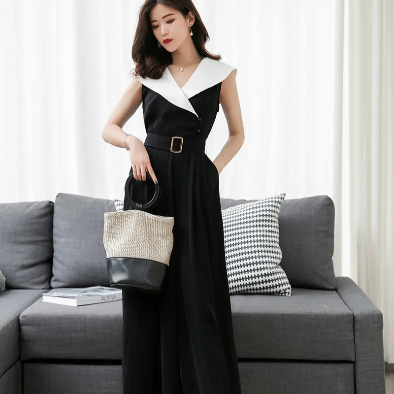 Plus Size Patchwork Jumpsuits 2018 Women Summer Black Sleeveless V-neck Loose Full Length Work Club Playsuits Casual Playsuits