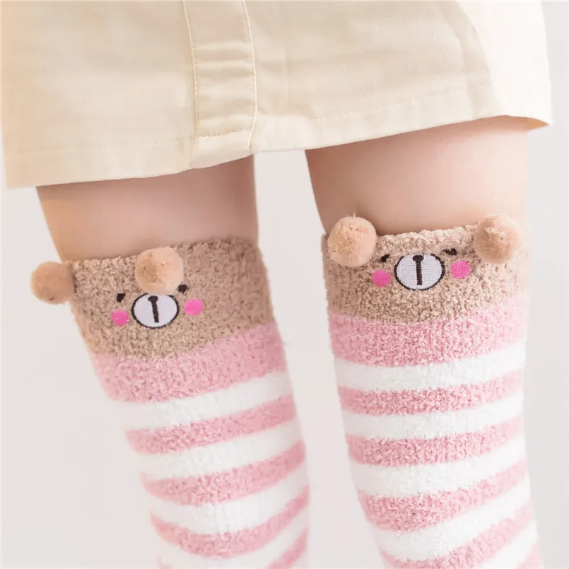 Pink Bear Сексуальные женские бархатные чулки до бедра размера плюс толстые и теплые длинные полосатые гольфы Милые Носки с рисунком из мультфильма Medias sexy Muslo - Цвет: Pink Bear