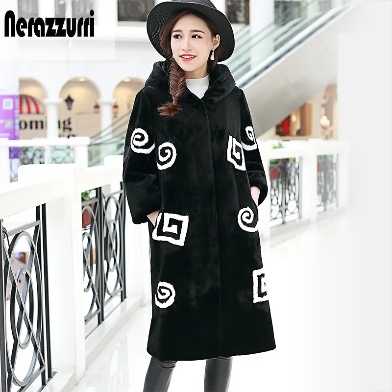 

Nerazzurri Black and White Color Block Womens Faux Fur Coat with Hood 2021 Winter Long Warm Furry Fake Rex Rabbit Fur Overcoat