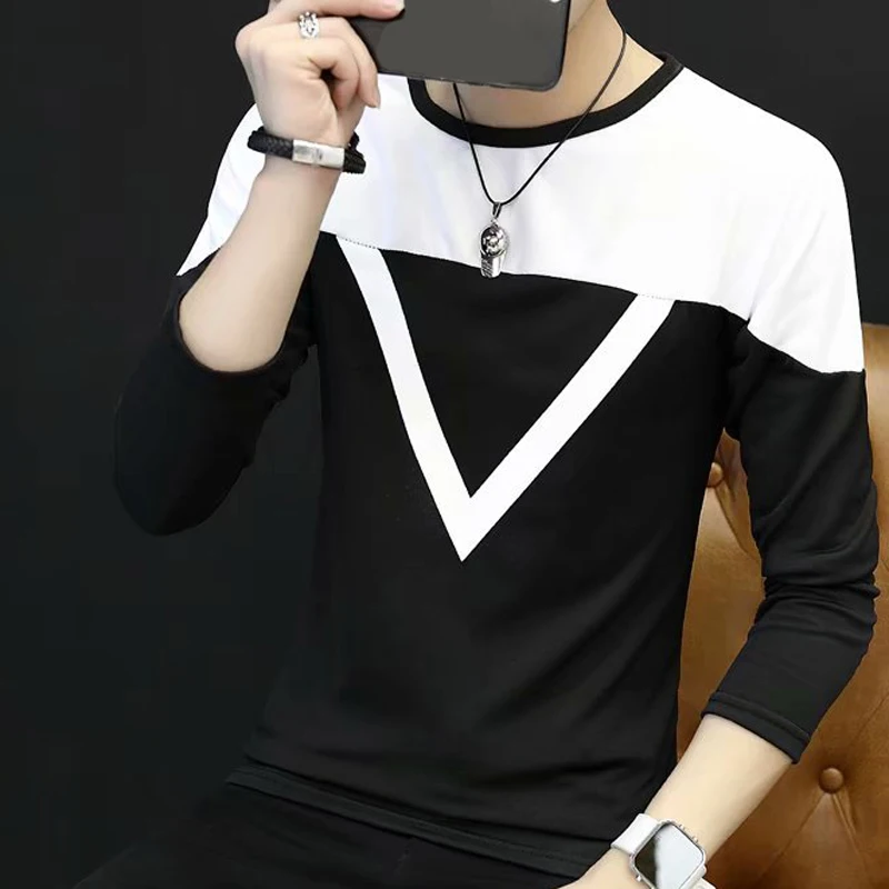 2018 весна осень Сращивание треугольник свитер тонкий бархат Мужская футболка с