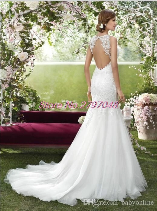 2017 Винтажном Стиле Кантри Sheer Шеи Русалка Свадебные Платья Дешевые Открыть Назад