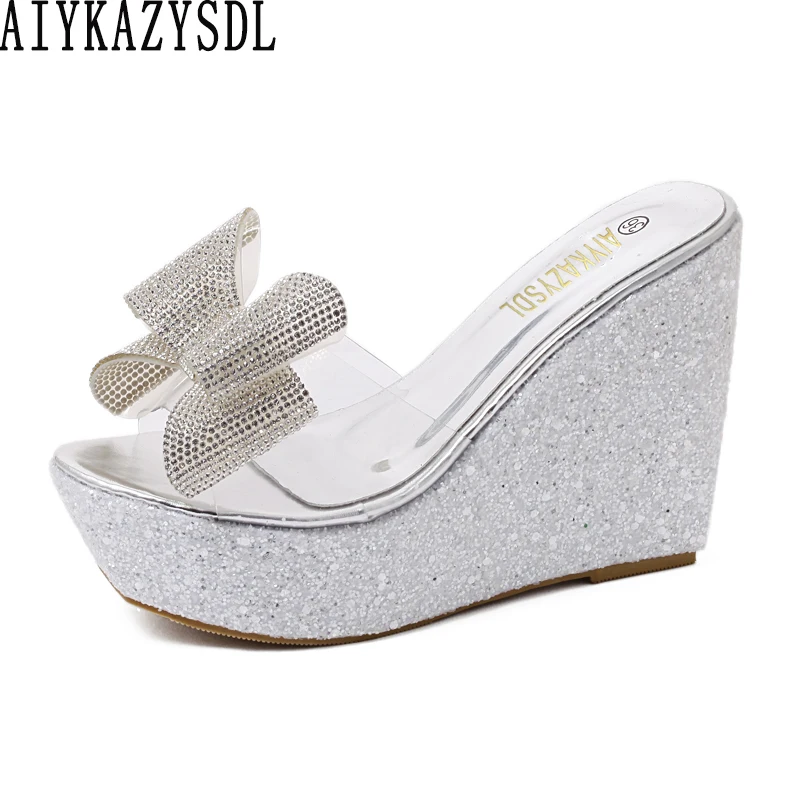 

AIYKAZYSDL 2019 Women Summer Wedge Heel Shoes Clear Crystal Sandals Bowknot Platform High Heels Sequined Bling Shiny Mule Slides