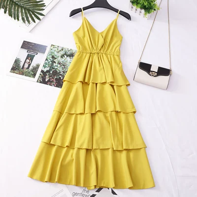 yellow solid SKOONHEID женское шифоновое длинное платье в Корейском стиле без рукавов с однотонным ремешком Многоуровневое Повседневное платье макси A-Line ретро в горошек сарафан - Цвет: yellow solid