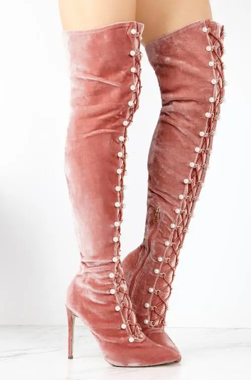 Beste Lente Hot Roze Fluwelen Vrouwen Lace Up Over De Knie Laarzen Elegante Parel Rom Dames Sexy Hoge Hak Laarzen Mode Stretch Laarzen