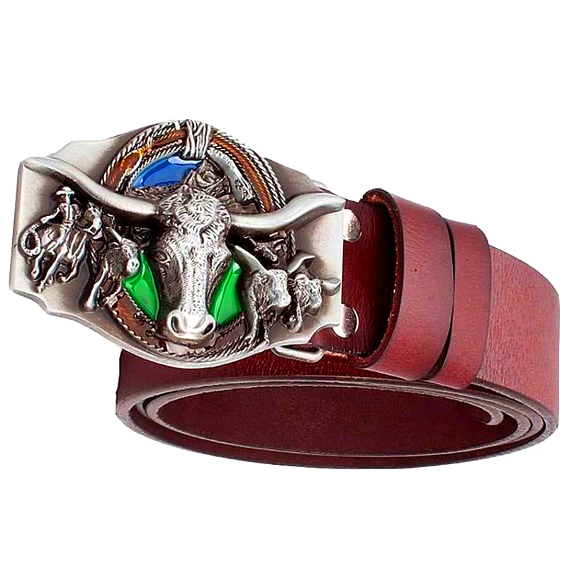 

Fashion men belt cowskin west cowboy belt Genuine Leather belt bull head skull cow head buckle belt gift man cowhide leather