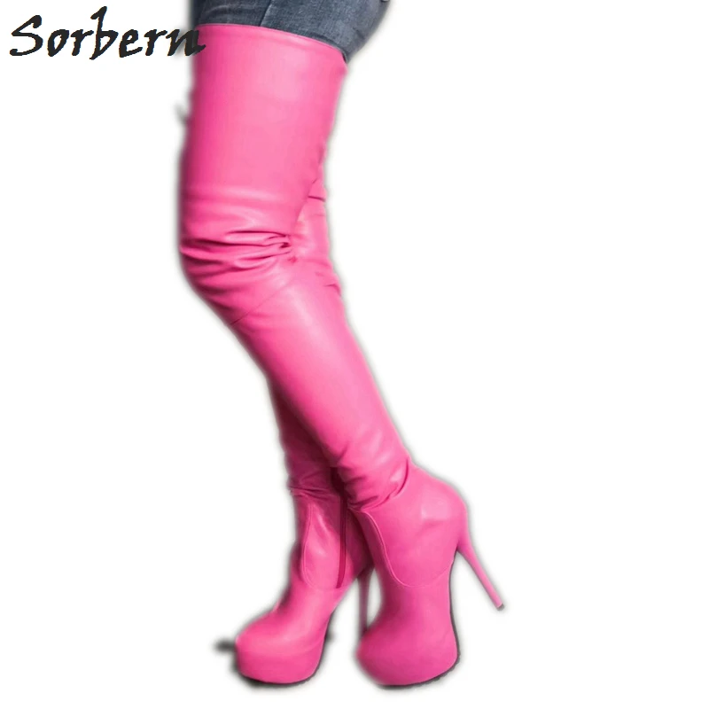 

Женские сапоги выше колена на высоком каблуке 16 см, на платформе