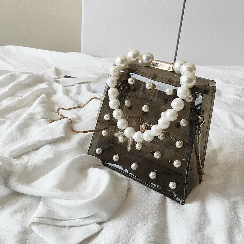 

Fashion Women Transparent PVC Clear Pearl Jelly Bag Tote Casual Handbag Messenger Bag 2019 New