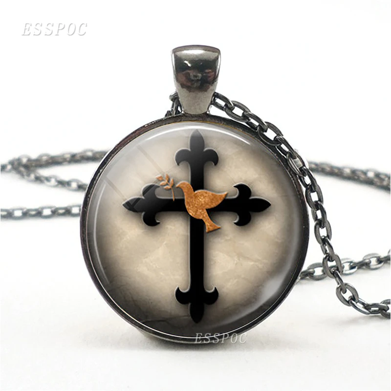 Ожерелье с крестом в виде голубя мира и Святого Креста 3 цвета стеклянный кабошон