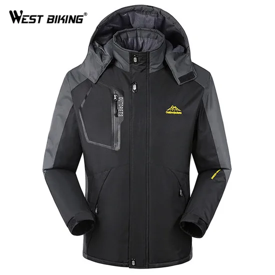 WEST BIKING, зимняя мужская флисовая ветровка, для спорта на открытом воздухе, с капюшоном, ветрозащитная, водонепроницаемая, теплая, для велоспорта, пешего туризма, кемпинга, альпинизма - Цвет: black