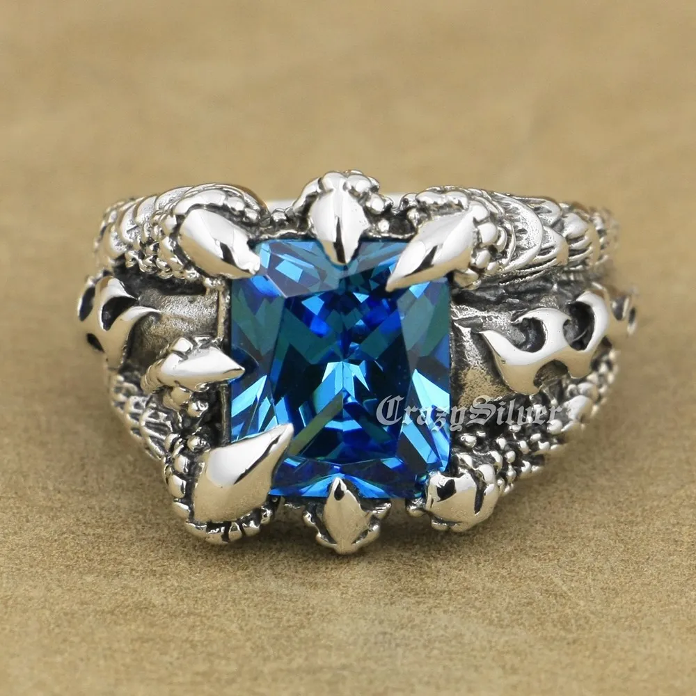 Кольцо мужское с голубым кубическим цирконием когтями дракона 8T102 размер США от 7